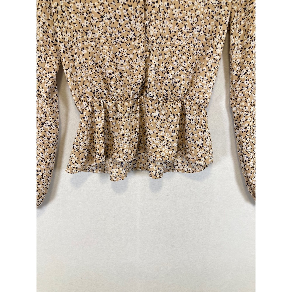 Cottagecore Sienna Sky Women Sm Tan Floral Peplum V-Neck Balloon Sleeve Blouse - Picture 8 of 10